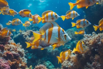 Fototapeta premium Vibrant Yellow And White Fish Swim In Coral Reef