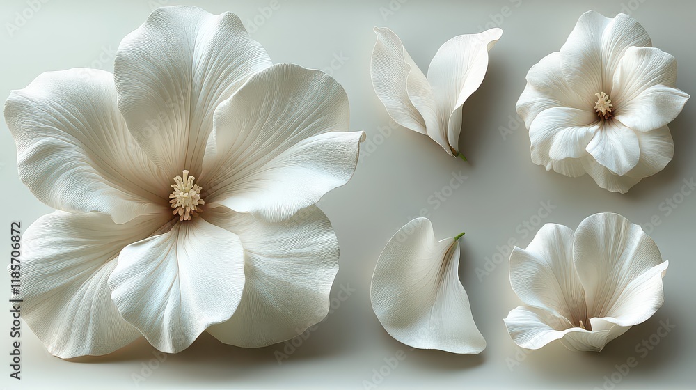 Wall mural Close-up of five pristine white flowers, one large and four smaller, with detached petals on a neutral background.