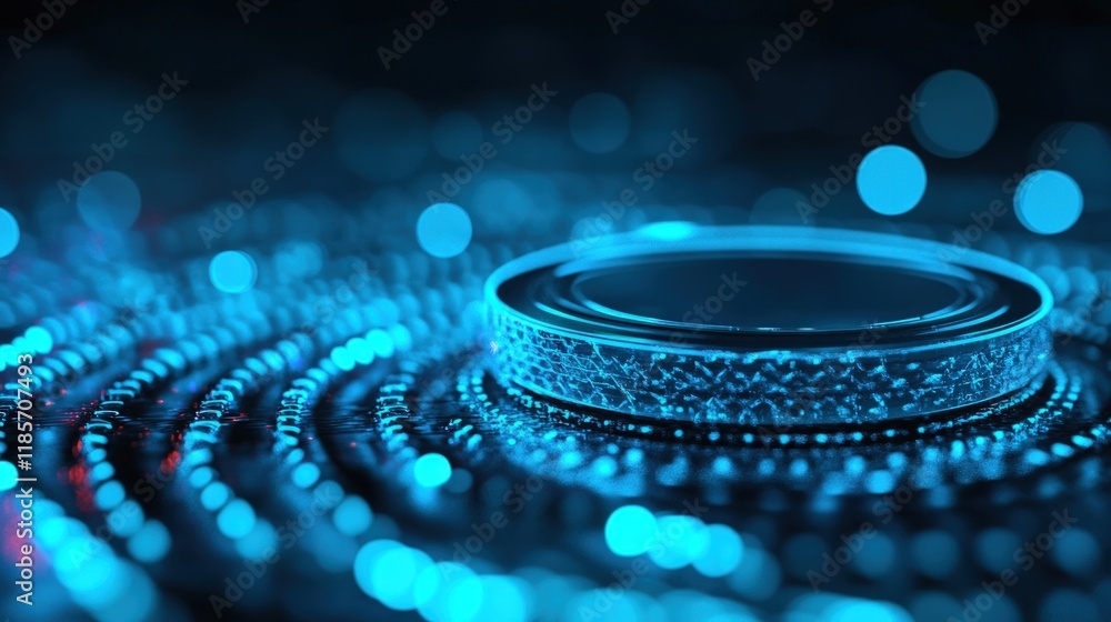 Poster abstract futuristic technology background: glowing circular platform in cyberspace