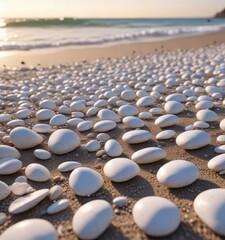 Obraz premium A large collection of white pebbles on the beach at dawn, rocks, natural scene