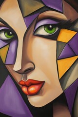 Portrait of a woman with geometric patterns in bold colors, showcasing modern abstract art style. Emotions, creativity, and artistic expression emphasized in design.