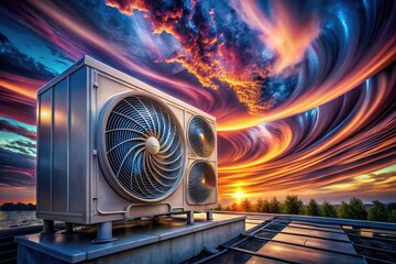 Fototapeta premium Surreal outdoor AC unit repair: a dreamlike flow of refrigerant, maintenance restored.