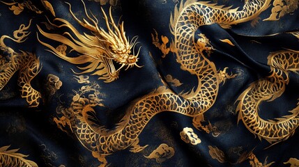 Fototapeta premium Majestic golden dragon artwork traditional theme textile design luxurious setting close-up view cultural significance