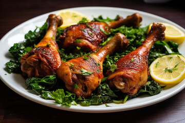 Fototapeta premium Succulent chicken drumsticks arranged on platter surrounded by vibrant greens and garnished with lemon slices, perfect for hearty meal.