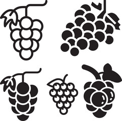 Vector black silhouette of grapes, bunch of grapes with leaf flat icon for food, grapes vector icon, silhouette grapes fruit black color