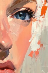 Portrait of a young woman with striking blue eyes and artistic brush strokes, representing beauty, creativity, and contemporary art in modern design.