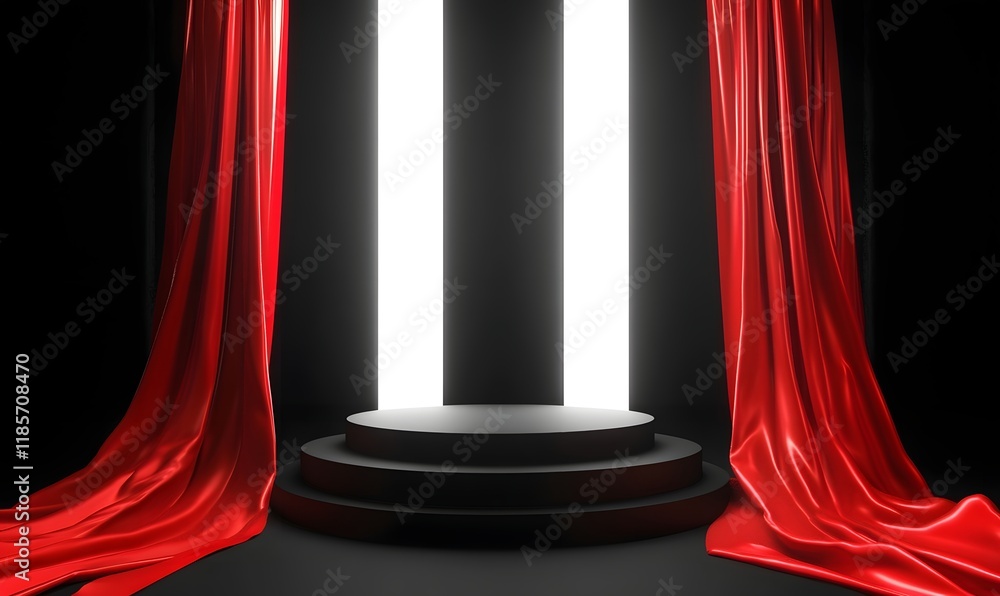 Poster red curtains frame a dark stage with two bright pillars and a circular platform.
