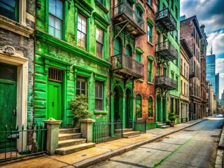 Fototapeta premium Urban decay's emerald embrace: St. Patrick's Day photography reveals hidden beauty in forgotten places.