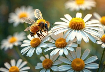 Obraz premium A honey bee collecting pollen from multiple chamomile flowers in quick succession, wildflowers, pollen collection