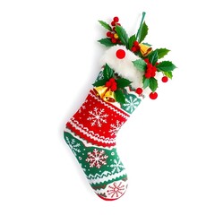 Christmas stocking with holly and bells.