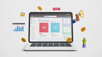 Digital marketing, digital advertising, ad campaign. PPC online marketing, promotion, customer engagement, traffic research, targeted ads. Social media advertising on laptop. 3D illustration