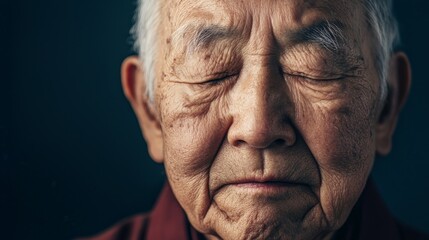 Obraz premium an elderly asian man with closed eyes sunken in meditation