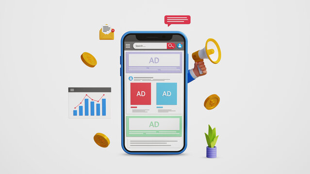Digital marketing, digital advertising, ad campaign. PPC online marketing, promotion, customer engagement, traffic research, targeted ads. Social media advertising on mobile. 3D illustration