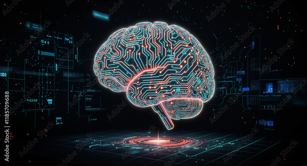 Poster neon brain interface with processor lines, concept of artificial intelligence . generative ai