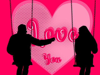 Silhouette illustration of men and women playing on a swing, valentine, love you text, hand lettering, calligraphy vector 