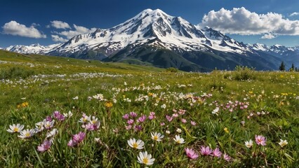 A snow-capped mountain with meadow flowers on a background of white clouds