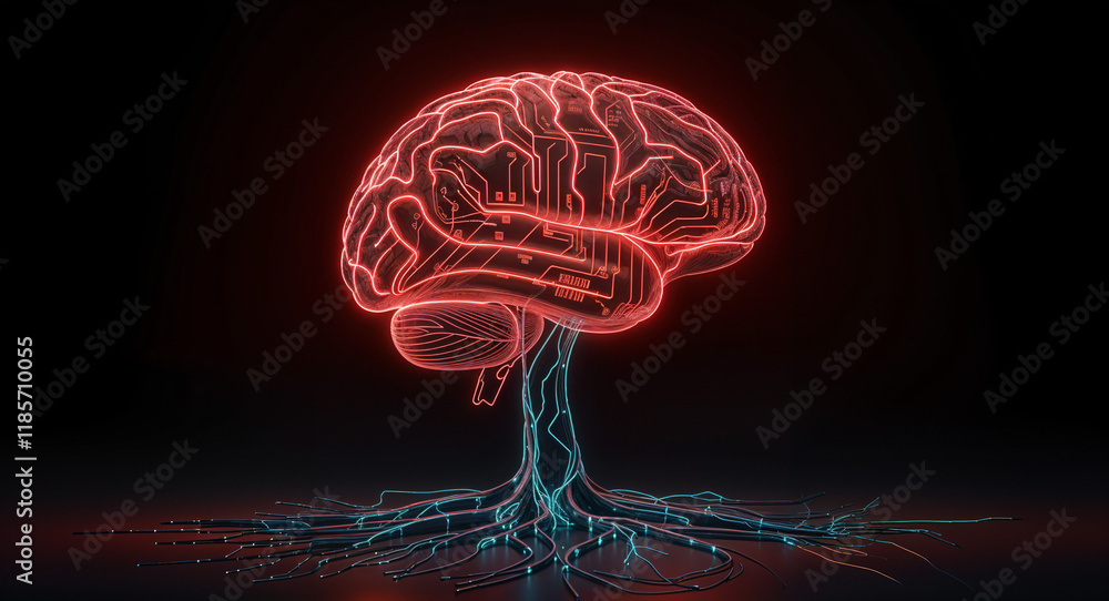 Poster neon brain interface with processor lines, concept of artificial intelligence . generative ai