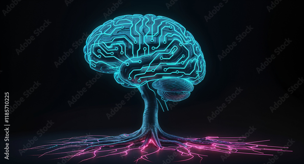 Poster neon brain interface with processor lines, concept of artificial intelligence . generative ai