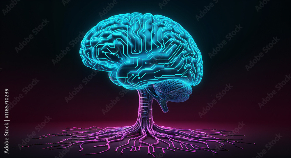 Poster neon brain interface with processor lines, concept of artificial intelligence . generative ai