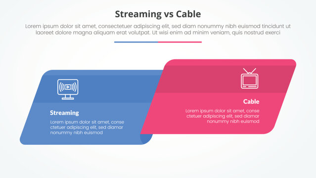 streaming services vs cable comparison opposite infographic concept for slide presentation with skew round rectangle box side by side with flat style