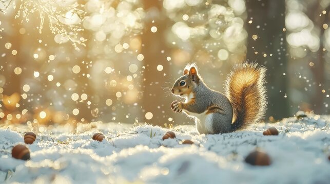 A charming squirrel forages in a snowy forest, surrounded by glistening snowflakes. The warm sunlight filters through the trees, creating a serene winter landscape.