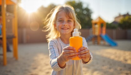Smiling child holding sunscreen bottle at sunny playground, promoting sun safety awareness