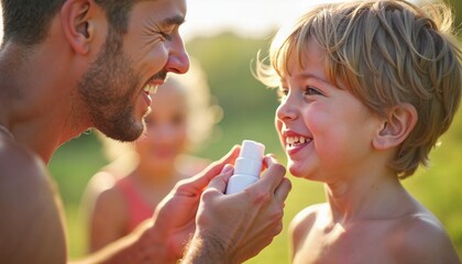 Smiling parent applying sunscreen to happy child outdoors in sunny park, family skincare ad