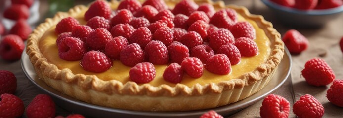 A golden brown pie crust with a delicate balance of sweet and tart filling, topped with an abundance of fresh raspberries, edible flowers , fresh berries, culinary delight