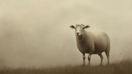 Obraz premium Single sheep standing in foggy field.