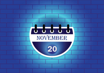 Obraz premium A stylized calendar page displaying November 20th is showcased against a backdrop of a blue brick wall. The design is minimalist and modern, ideal for various applications.
