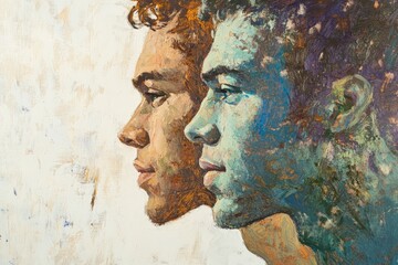 Two profiles of young men illustrated in a vibrant artistic style, showcasing diverse colors and expressions, emphasizing identity and self-exploration in modern art.