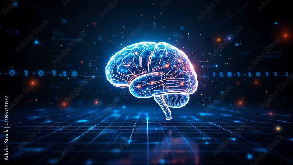 Poster neon brain interface with processor lines, concept of artificial intelligence . generative ai