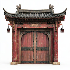 Red wooden door with a black and white trim