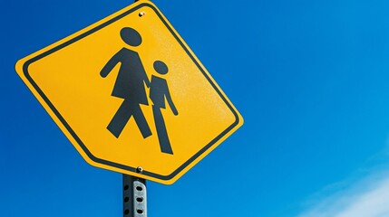 Bright Yellow Pedestrian Crossing Sign Against a Vivid Blue Sky