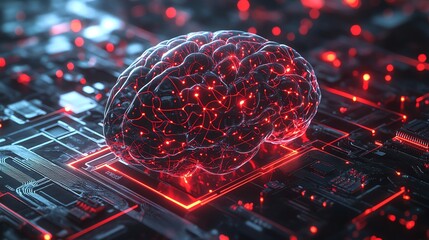 Futuristic brain on digital circuit board.