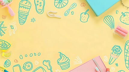 Whimsical doodles on a pastel yellow background, with a mockup on the side. full ultra hd, high resolution