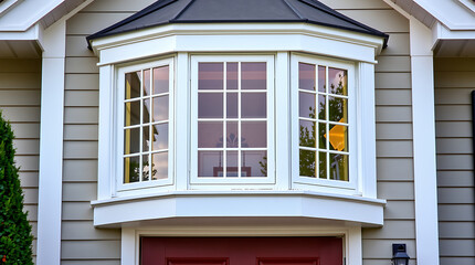 Fototapeta premium A bay window with multiple panes and a dark gray roof sits atop a maroon door on a light gray clapboard house. The window is framed in white trim.