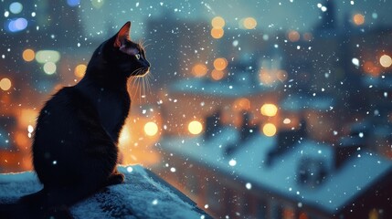 A serene black cat gazes out at a snowy cityscape, surrounded by softly glowing lights. The peaceful winter scene captures a moment of stillness and beauty in nature.