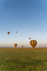 Obraz premium Hot air balloons flying over the Serengeti at sunrise in Tanzania, Africa