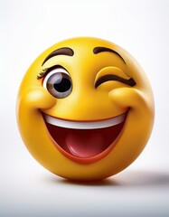 Fototapeta premium A fun-loving emoji with one eye winking mouth open in laughter set against a clean white backdrop with no distractions isolated in white
