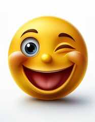Fototapeta premium A fun-loving emoji with one eye winking mouth open in laughter set against a clean white backdrop with no distractions isolated in white