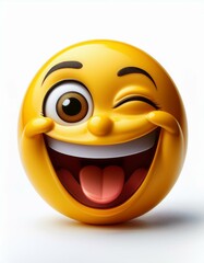 Fototapeta premium A fun-loving emoji with one eye winking mouth open in laughter set against a clean white backdrop with no distractions isolated in white