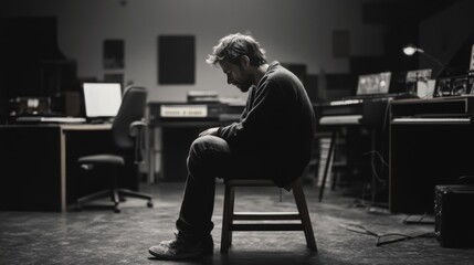 A man sits alone in a dimly lit room, head bowed in contemplation.