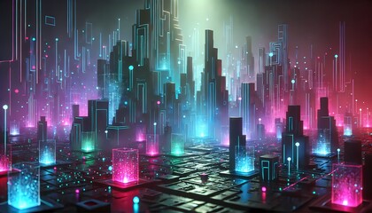 A futuristic cityscape made of glowing abstract shapes with radiant neon lights cutting through the darkness, background and wallpaper