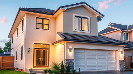 Two-story beige house with dark gray roof, double-door entry, attached garage, and exterior lighting.  Landscaping partially visible.  Another house visible in background.