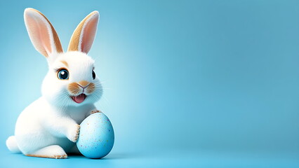 Obraz premium A cute bunny sits with two Easter eggs on a light blue background