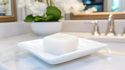 White soap bar on dish, modern bathroom, orchid decor, marble counter, hygiene.