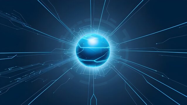 Bright glowing digital sphere with blue radiating circuit-style lines, representing technology and energy connectivity on a futuristic theme.