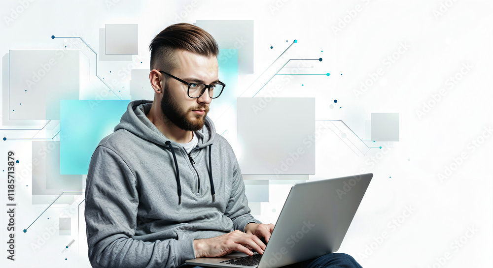 Poster programmer with laptop on minimalistic tech background . generative ai