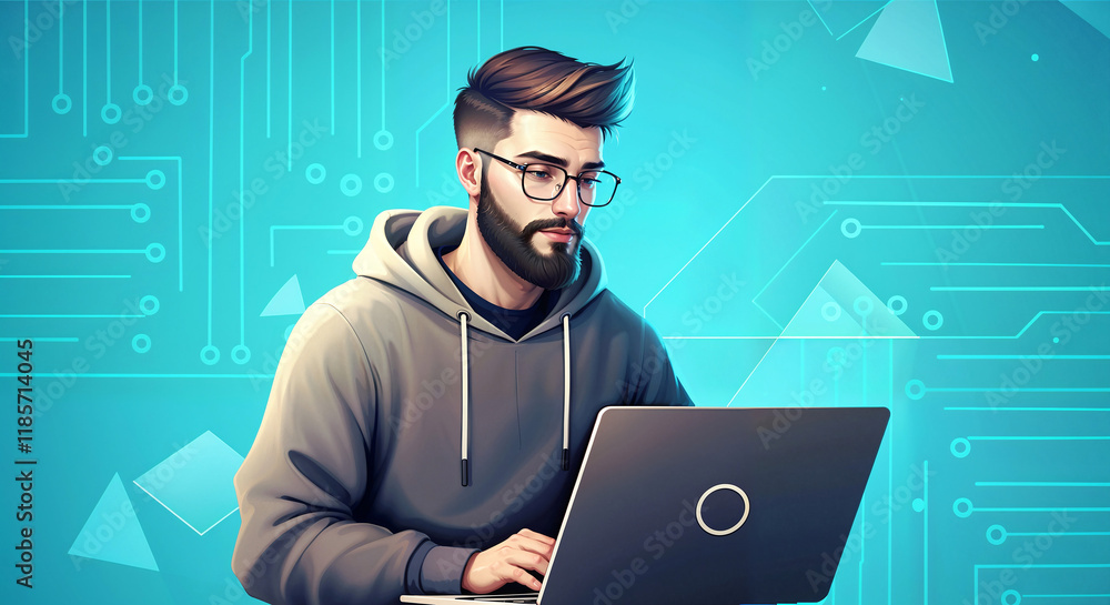 Poster programmer with laptop on minimalistic tech background . generative ai